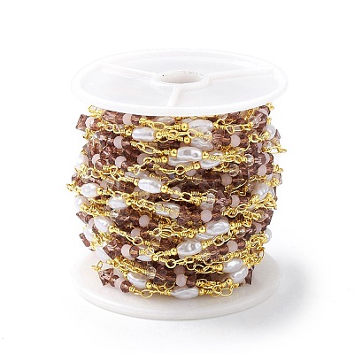 Brass Glass Bead Link Chains with ABS Imitation Pearl Beads CHS-P016-39G-05-1