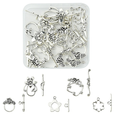 20Pcs 5 Styles Flower Tibetan Style Alloy Toggle Clasps FIND-YW0005-24-1
