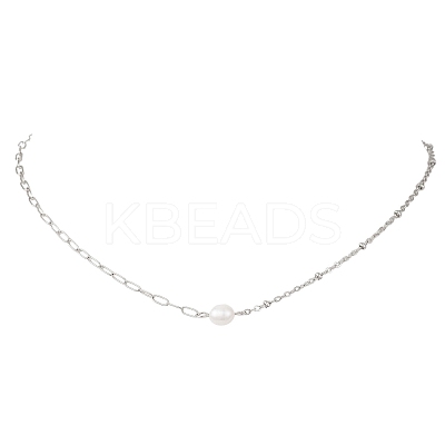 Natural Pearl Rice & 304 Stainless Steel Satellite Chain Paperclip Chain Necklaces for Women NJEW-JN05822-01-1
