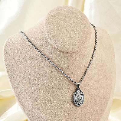 201 Stainless Steel Micro Pave Clear Cubic Zirconia Oval Pendant Box Chain Necklaces for Men NJEW-S387-02P-1