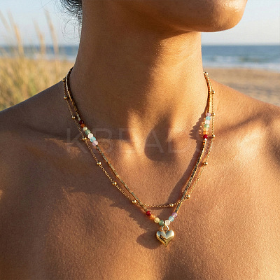 Rainbow Natural Mixed Stoned Beaded Double Layer Necklaces with Stainless Steel Heart Pendant for Beach Vacation KB9378-1-1