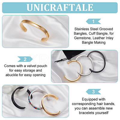 3Pcs 3 Color 304 Stainless Steel Grooved Bangles FIND-UN0002-09-1
