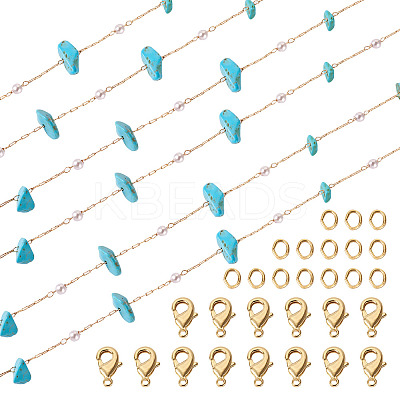 3m Natural Synthetic Turquoise Chips & ABS Plastic Imitation Pearl Beaded Chains Necklace Making Kits CHC-TA0001-30C-1