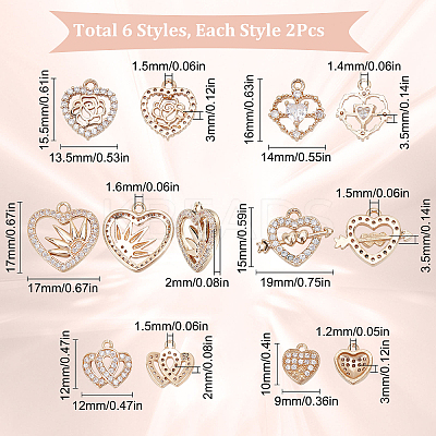 12Pcs 6 Style Valentine's Day Brass Micro Pave Cubic Zirconia Pendants KK-SC0003-16-1