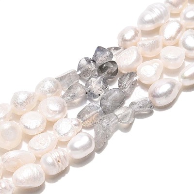 Natural Labradorite Nuggets & Natural Cultured Freshwater Pearl Beads Strands PEAR-N023-01A-17-1