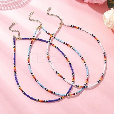 3Pcs 3 Colors Round Glass Seed Beaded Necklaces NJEW-JN05908-1
