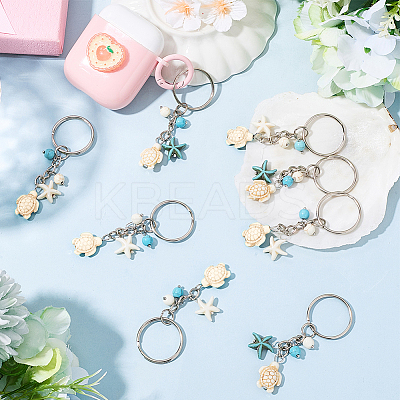 20Pcs Turtle with Starfish Synthetic Turquoise Pendant Keychains KEYC-CP0001-47B-1