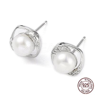 Anti-Tarnish Cubic Zirconia Sauqre with Natural Pearl Stud Earrings EJEW-F318-12P-1