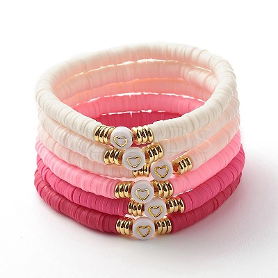 Handmade Polymer Clay Heishi Beads Stretch Bracelets Set with Heart Pattern Beads for Women BJEW-JB07449-1