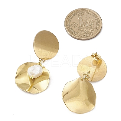 201 Stainless Steel Shell Pearl Flat Round Dangle Stud Earrings EJEW-JE06751-01-1