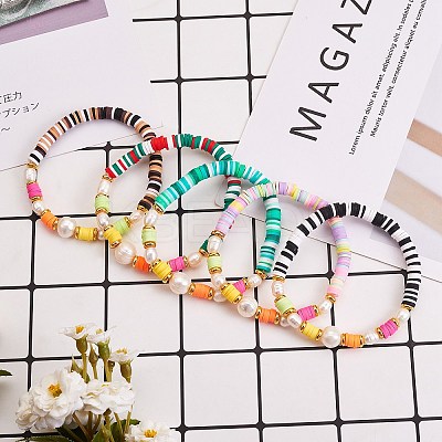 5Pcs 5 Colors Polymer Clay Heishi Beaded Stretch Bracelets Sets BJEW-SZ0001-55-1