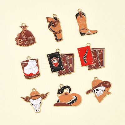 18Pcs 9 Styles Western Cowboy Hat Boots Money Bag Skull Alloy Enamel Pendants FIND-FS0003-91-1