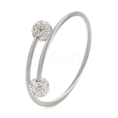 304 Stainless Steel & Polymer Clay Crystal Rhinestone Round Beads Open Cuff Bangles BJEW-M042-06P-1