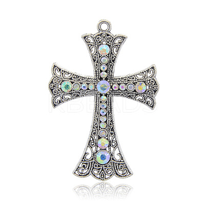Antique Silver Tone Cross Alloy Rhinestone Big Pendants RB-J026-28AS-1