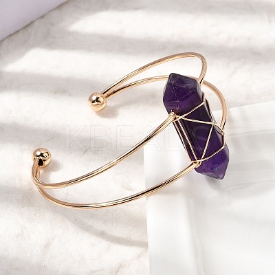 Brass Wire Wrapped Natural Amethyst Hexagon Point Cuff Bangles for Women BJEW-L719-01G-02-1