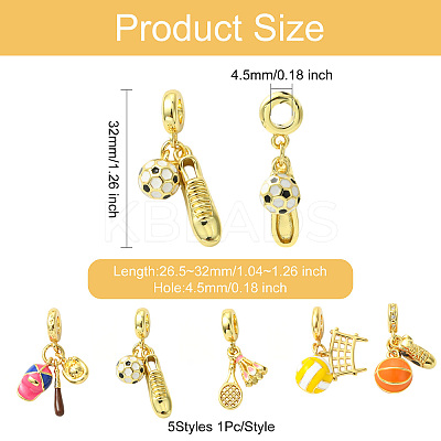 5Pcs 5 Styles Sport Ball Theme Brass Enamel European Dangle Charms KK-CJ0003-89-1