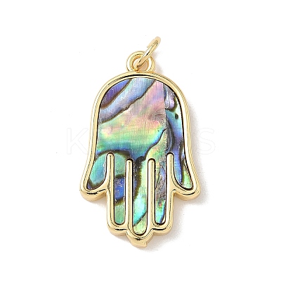 Brass Pave Natural Mixed Shell Hamsa Hand Pendants KK-L239-063G-1
