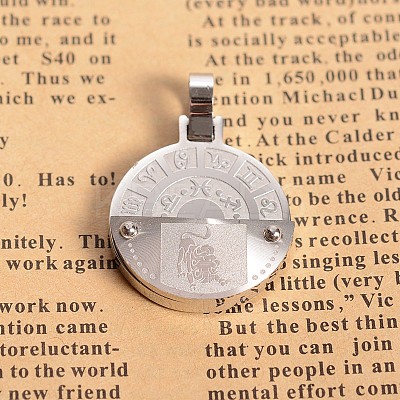 Tarnish Resistant Constellation/Zodiac Sign Leo Jewelry 304 Stainless Steel Flat Round Pendants STAS-E093-30P-1