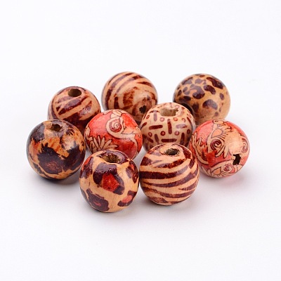 Round Printed Natural Wood Beads X-WOOD-R243-16mm-M2-1