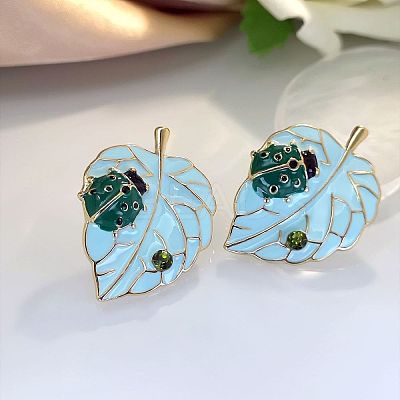 Leaf with Ladybug Alloy Enamel Stud Earrings FS-WG8EF19-01-1