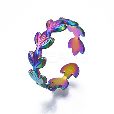 304 Stainless Steel Leaf Wrapped Cuff Ring RJEW-N038-062-1
