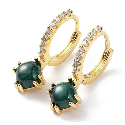 Rhombus Natural Malachite Dangle Hoop Earrings with Cubic Zirconia EJEW-B027-24G-1