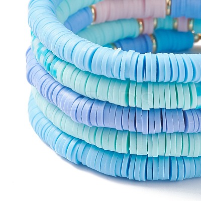 5Pcs 5 Style Polymer Clay Heishi Beaded Stretch Bracelets Set with Star and Dolphin Drop BJEW-JB07539-1