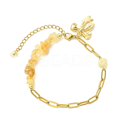Heated Natural Citrine Chip Beads 304 Stainless Steel Paperclip Chain Bracelets with Alloy Bowknot Charms BJEW-JB14187-02-1
