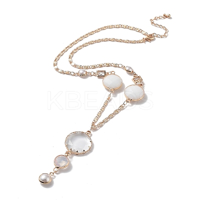 Glass Flat Round Lariat Necklace with Brass Chains NJEW-A015-16KCG-1