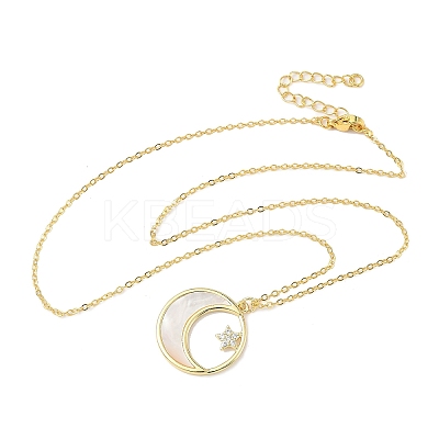 Brass Micro Pave Clear Cubic Zirconia Moon with Star Pendant Necklaces for Women NJEW-S449-02G-1