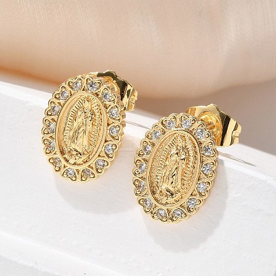 Oval with Virgin Mary Brass Micro Pave Clear Cubic Zirconia Stud Earrings EJEW-D305-10G-1