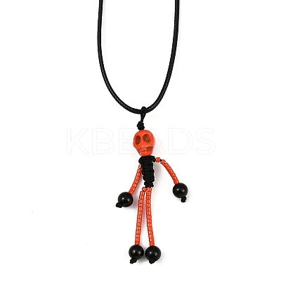 Halloween Theme Skeleton Glass Seed Beaded & Natural Black Onyx(Dyed & Heated) & Skull Dyed Synthetic Turquoise Pendant Necklaces NJEW-MZ00117-1