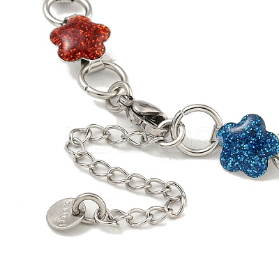 304 Stainless Steel Enamel Flower Link Chain Bracelets with Glitter Powder BJEW-S153-05P-03-1