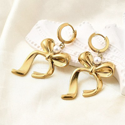 Bowknot 304 Stainless Steel Plstic Imitation Pearl Hoop Earrings for Women EJEW-U068-03G-1