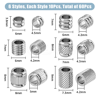 60Pcs 6 Style 201 Stainless Steel European Beads STAS-FH0002-06-1