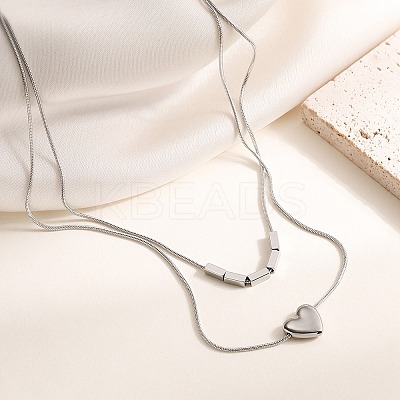 304 Stainless Steel Heart Pendant Double Layer Necklaces for Women NJEW-K298-01P-1