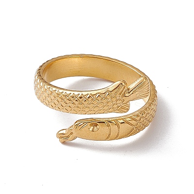 Ion Plating(IP) 304 Stainless Steel Ring Arowana Fish Wrap Open Cuff Ring for Women RJEW-C045-21G-1