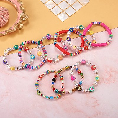 Flower Fruit Theme Beads Stretch Bracelets Set BJEW-SW00013-1