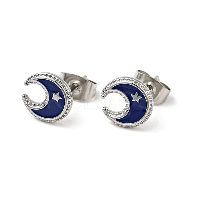 Enamel Crescent Moon with Star Stud Earrings with 316 Surgical Stainless Steel Pins EJEW-A081-09P-1