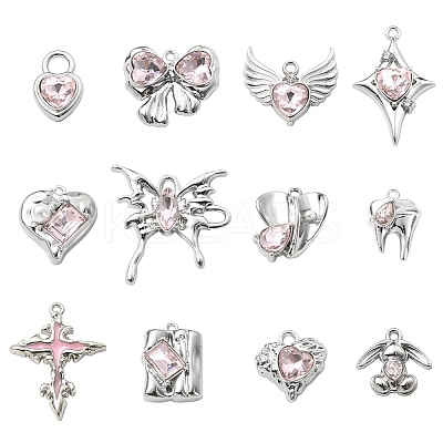 12Pcs 12 Style Rack Plating Alloy with Pink Glass Pendants FIND-YW0003-35-1