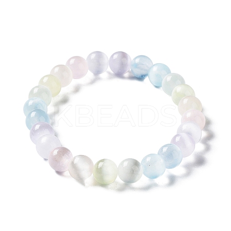 Macaron Color Dyed Natural Selenite Round Beaded Stretch Bracelet BJEW-D024-01-1