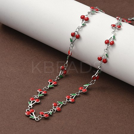 304 Stainless Steel Enamel Red Cherry Link Chain Necklaces for Women NJEW-K249-23G-1