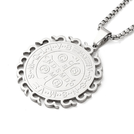 201 Stainless Steel Box Chain Saint Benedict Medal Pendant Necklaces for Women LS-NJEW-M008-01P-1