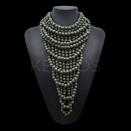 Round Wood Beaded  Multi Layered Bib Necklaces for Women FS-WG9E278-07-1