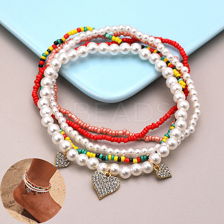 Bohemian Resin & Glass Seed Beaded Stretch Multi-Layered Anklet Sets WG187EB-06-1