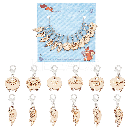 12Pcs 12 Style Cat & Sheep Wood Pendant Stitch Markers HJEW-AB00655-1