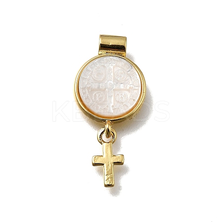 Brass Pave Natural White Shell Flat Round with Cross Pendants KK-C090-40G-05-1