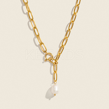 Minimalist Natural Freshwater Pearl Y-shaped Pendant Lariat Necklace 304 Stainless Steel Jewelry EE6125-1