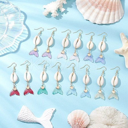 7 Pairs Natural Cowrie Shell Glass Dangle Earrings EJEW-JE06385-1