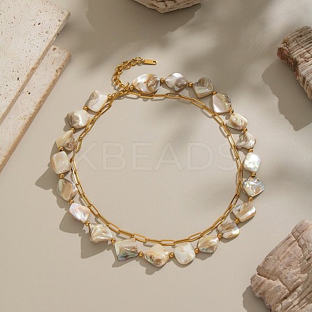 304 Stainless Steel with Dyed Floral White Natural Shell Nuggets Beaded Double Layer Necklaces for Women LS-NJEW-G181-13G-1